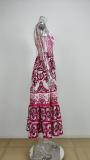 SC Plus Size Printed Square Neck Halter Pleated Maxi Dress GMAN-25058