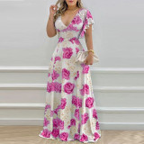 SC Plus Size V Neck Print  Ruffles Sleeve Maxi Dress GMAN-9040