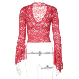 SC Deep V Neck Solid Color Lace Tops GLAG-T3C15100G
