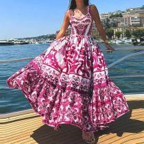 SC Plus Size Printed Square Neck Halter Pleated Maxi Dress GMAN-25058