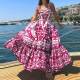 SC Plus Size Printed Square Neck Halter Pleated Maxi Dress GMAN-25058