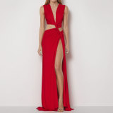 SC Plus Size Solid Color V Neck Hollow Out Maxi Dress GMAN-28175