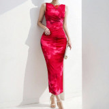 SC Plus Size Print Sleevless Slim Split Maxi Dress GMAN-29209