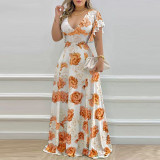 SC Plus Size V Neck Print  Ruffles Sleeve Maxi Dress GMAN-9040
