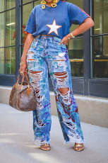 SC Fashion Graffiti Print Holes Straight Jeans GSMJ-8003