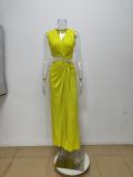 SC Plus Size Solid Color V Neck Hollow Out Maxi Dress GMAN-28175