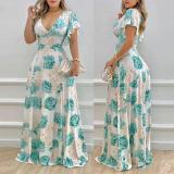 SC Plus Size V Neck Print  Ruffles Sleeve Maxi Dress GMAN-9040