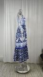 SC Plus Size Printed Square Neck Halter Pleated Maxi Dress GMAN-25058