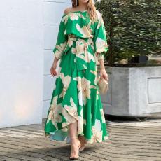 SC Plus Size Print Slash Shoulder Lantern Sleeve Maxi Dress GMAN-8686