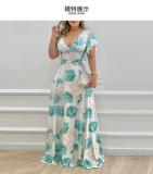 SC Plus Size V Neck Print  Ruffles Sleeve Maxi Dress GMAN-9040