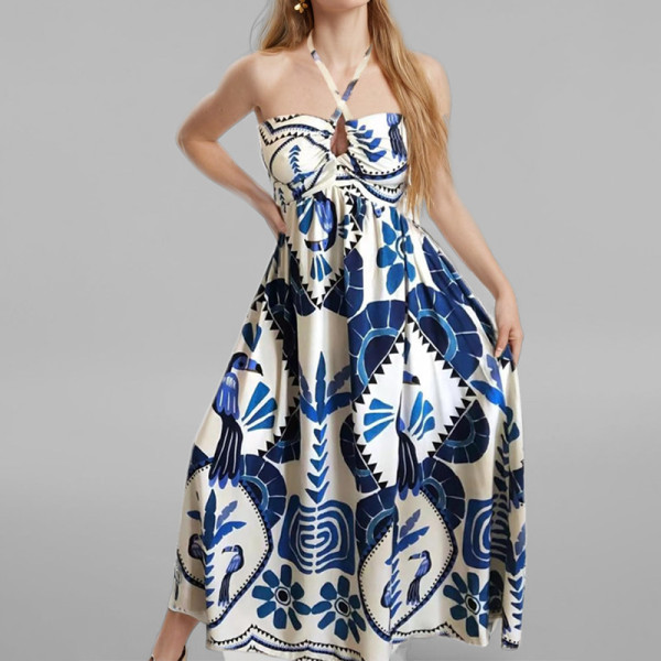 SC Plus Size Print Wrap Chest Halterneck Midi Dress GMAN-28468