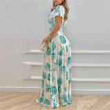 SC Plus Size V Neck Print  Ruffles Sleeve Maxi Dress GMAN-9040