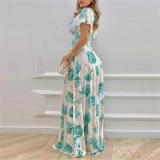 SC Plus Size V Neck Print  Ruffles Sleeve Maxi Dress GMAN-9040
