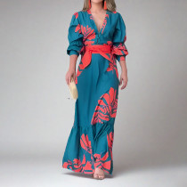 SC Plus Size Printed Lace-Up Bubble Long Sleeve Maxi Dress GMAN-28748