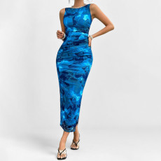 SC Plus Size Print Sleevless Slim Split Maxi Dress GMAN-29209