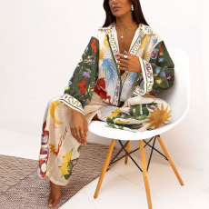 SC Plus Size Casual Print V Neck Shirt Wide Leg Pants Suit GMAN-28308