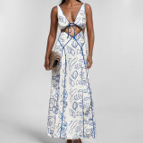 SC Plus Size Sexy Halterneck Print Hollow Out Maxi Dress GMAN-29027