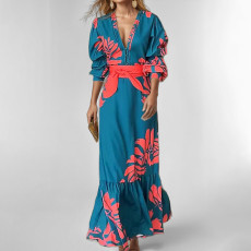 SC Plus Size Printed Lace-Up Bubble Long Sleeve Maxi Dress GMAN-28748