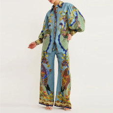 SC Plus Size Printed Lantern Sleeve Wide Leg  Pants Fashion Suit GMAN-24930