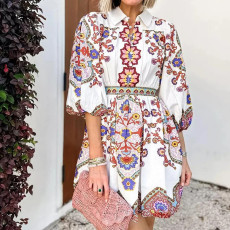 SC Plus Size V-Neck Lantern Sleeve Printed Dress GMAN-28830