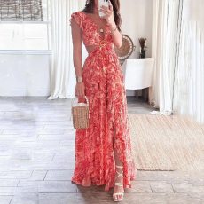 SC Plus Size Print Deep V Neck Pleated Maxi Dress GMAN-24317