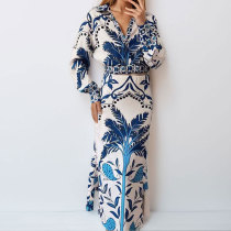 SC Plus Size Vintage Printed V-Neck Long Sleeve Long Skirt Set GMAN-28925