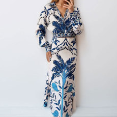 SC Plus Size Vintage Printed V-Neck Long Sleeve Long Skirt Set GMAN-28925