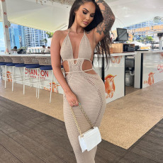 SC Halterneck Wrap Hollow Out Splicing Lace-Up Dress GLAG-D2C11228G