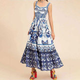SC Plus Size Printed Square Neck Halter Pleated Maxi Dress GMAN-25058