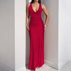 SC Plus Size Sexy V-neck Pleated Maxi Dress GMAN-28978