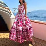 SC Plus Size Printed Square Neck Halter Pleated Maxi Dress GMAN-25058