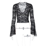 SC Deep V Neck Solid Color Lace Tops GLAG-T3C15100G