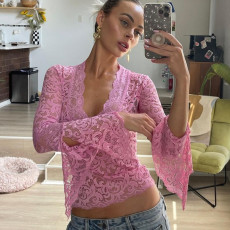 SC Deep V Neck Solid Color Lace Tops GLAG-T3C15100G