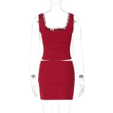 SC Lace Camisole Square Neck Top Solid Color Skirt Set GLAG-S4917379G