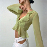 SC Tie Up Deep V Neck Long Sleeve Tops GLAG-T1A6820G
