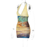 SC Printed Patchwork Knit Deep V Neck Mini Dress GLAG-D2B11191G