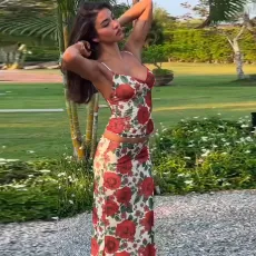 SC Sexy Print V Neck Sling Tops Long Skrits Suit  GLAG-S4516371G