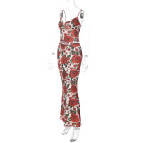 SC Sexy Print V Neck Sling Tops Long Skrits Suit  GLAG-S4516371G