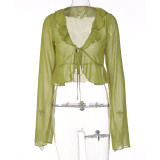 SC Tie Up Deep V Neck Long Sleeve Tops GLAG-T1A6820G