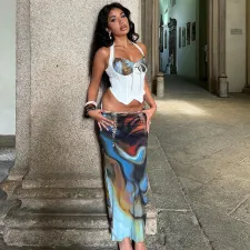 SC Printed Drawstring Top Tie Long Skirt 2 Piece Set GLAG-S4917380G