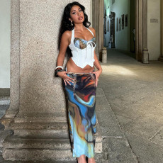 SC Printed Drawstring Top Tie Long Skirt 2 Piece Set GLAG-S4917380G