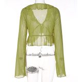 SC Tie Up Deep V Neck Long Sleeve Tops GLAG-T1A6820G
