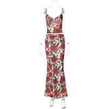 SC Sexy Print V Neck Sling Tops Long Skrits Suit  GLAG-S4516371G