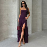SC Solid Color Off Shoudler Ruffles Tube Top Maxi Dress GLAG-D5418830F