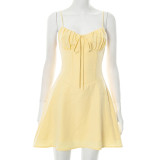 SC Solid Color Tie Up Pleated Mini Dress GDSF-D25DS093