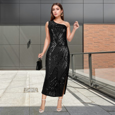 SC Slash Shoulder Sequin Slim Midi Dress BY-7339
