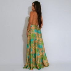 SC V Neck Print Backless Satin Maxi Dress YF-20163