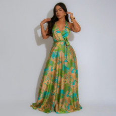 SC V Neck Print Backless Satin Maxi Dress YF-20163