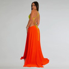 SC Circle Tie Backless Split Long Dress BY-7300