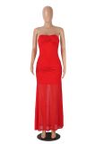 SC Off Shoulder Solid Color Mesh Maxi Dress MZ-0470
